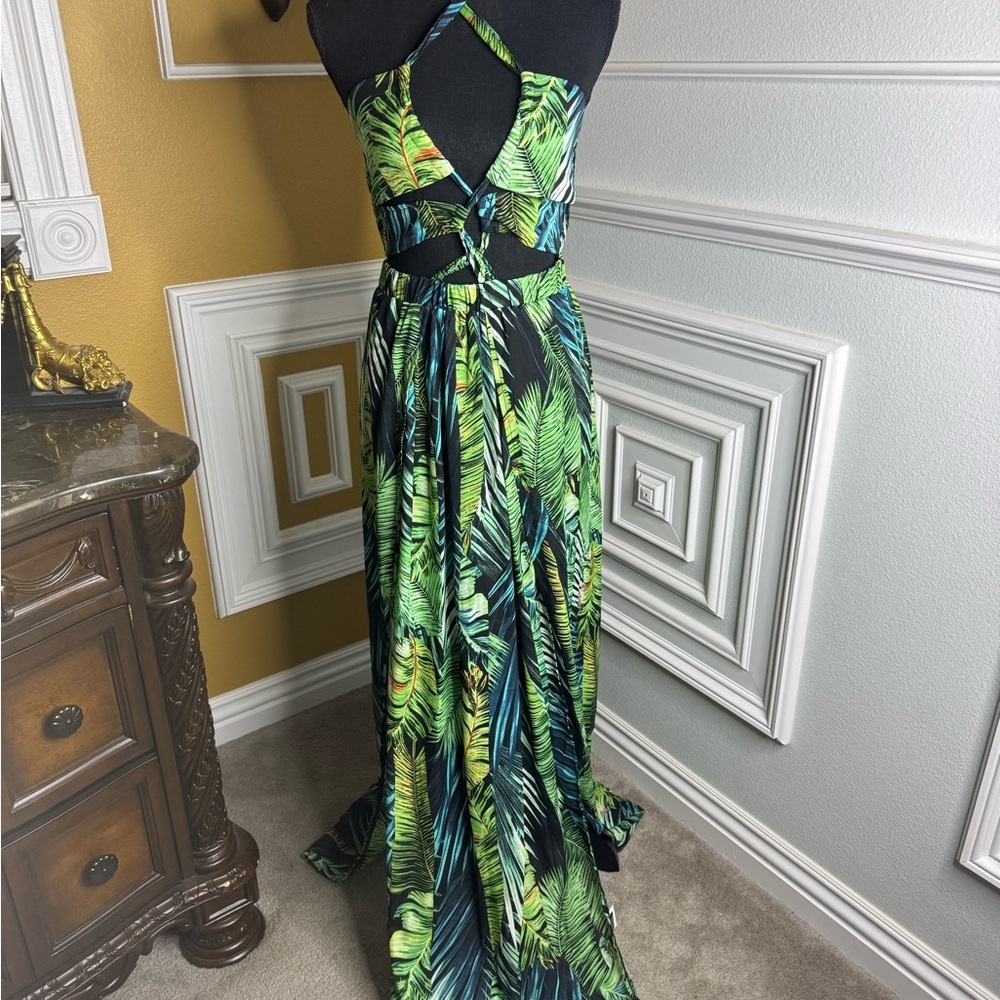 Tropical Green Halter Maxi Dress